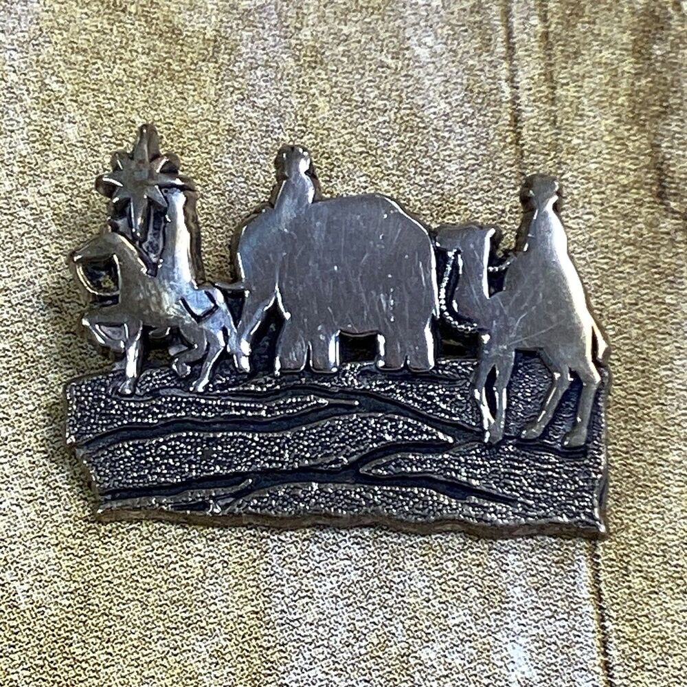 Vtg Taxco Brooch Pin 925 Sterling Three Wise Men Camel Christmas 1.25"